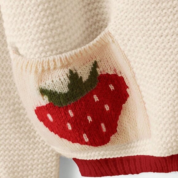 Apricot Casual Women's Cute Crochet Strawberry Print Button sweater Cardigan - Picture 3 of 4